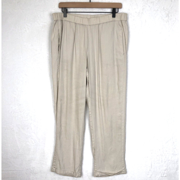 J. JILL Linen Stretch Pants Sz M Tan Pull On Cuffed Pockets Beach Lagenlook - Picture 1 of 10